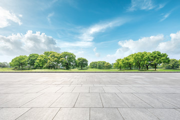 Empty square floor and green forest natural landscape - obrazy, fototapety, plakaty