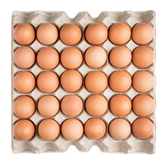 Thirty eggs of chicken in carton packed on top view isolated on white background