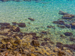 Naklejka na ściany i meble Crystal clear blue water and rocky shore