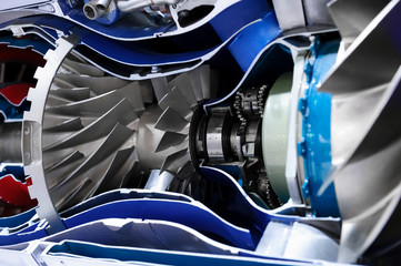 Engine of fighter jet, cross-section, blades, bearings and other hardware and equipment, army...