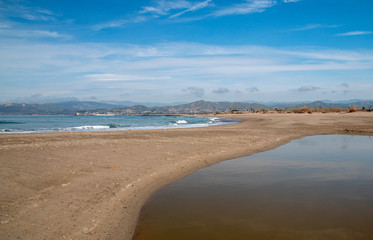 Sandbar where the Pacific ocean and the Santa Clara river meet at Surfers Knoll beach in Ventura California United States