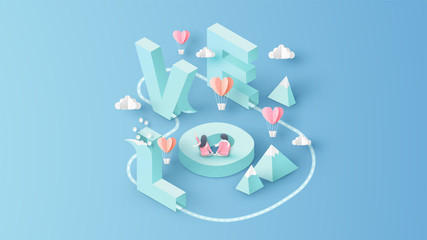 Isometric word design of love with romantic couple look the heart shape hot air balloon float up on sky. Paper origami design for Valentine’s day. paper cut and craft style. vector, illustration.