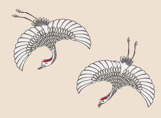 Japanese traditional  retro style vector illustration of cranes 