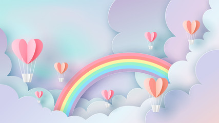 Illustration of hot air balloons in shape of heart float up on rainbow sky background. pastel color. Paper cut design for valentine's day. paper cut and craft style. vector, illustration.