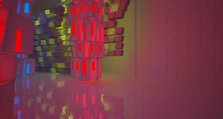 Abstract  Drawing Futuristic Sci-Fi interior With Red, Yellow And Blue Glowing Neon Tubes . 3D illustration and rendering.