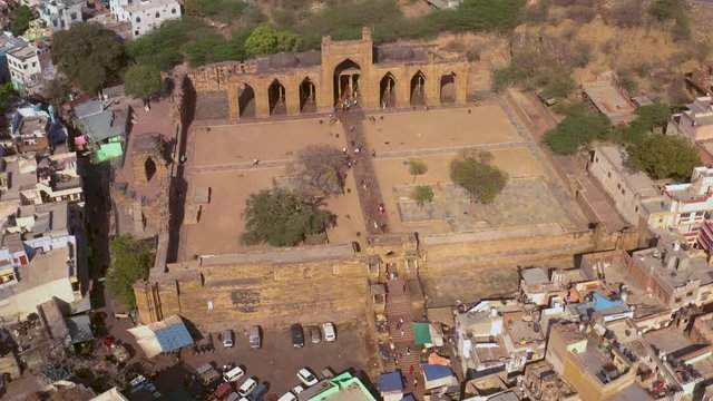 Ancient ruins Adhai din ka jhopra, Ajmer, India, 4k aerial drone
