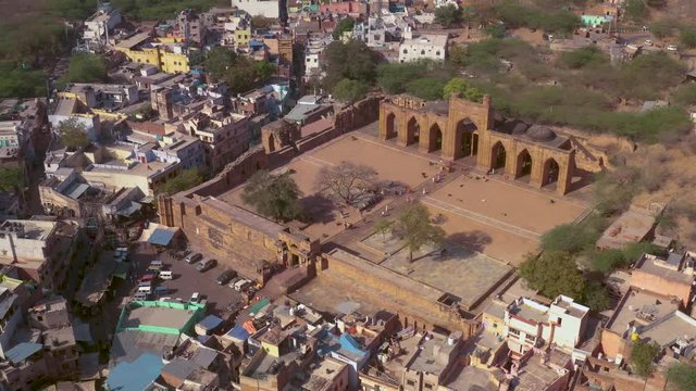 Ancient ruins Adhai din ka jhopra, Ajmer, India, 4k aerial drone