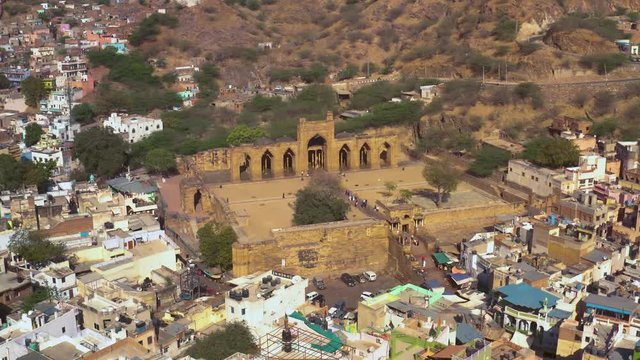 Ancient ruins Adhai din ka jhopra, Ajmer, India, 4k aerial drone