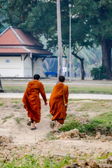 monks walking in the park, digital photo picture as a background