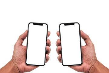 Hand holding, new phone Technology smartphone with blank screen and modern frame less design.