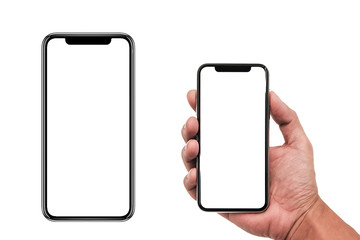 Hand holding, new phone Technology smartphone with blank screen and modern frame less design.