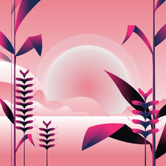 landscape in pink and purple colors. mountains and nature in minimal style. Bushes, trees, flowers, leaves. Vector illustration