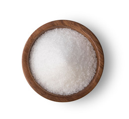 Sugar in wooden bowl on white background