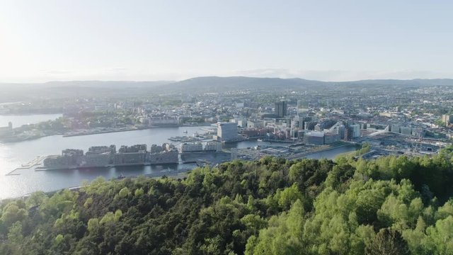 4K aerial of the Oslo city line with a backdrop of downtown Oslo and Bjoervika, a popular tourist attraction with the Munch museum, Barcode and Soerenga pier, in evening with backward motion.