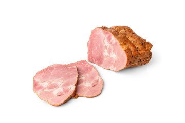 Smoked pork meat isolated on white background. 