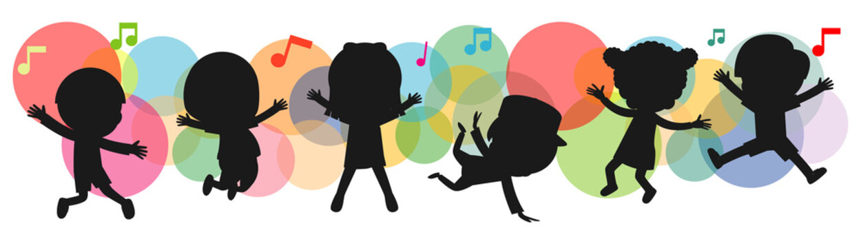 kids silhouettes dancing, Child dancing break dance. children silhouettes jumping on background colorful isolated vector illustration