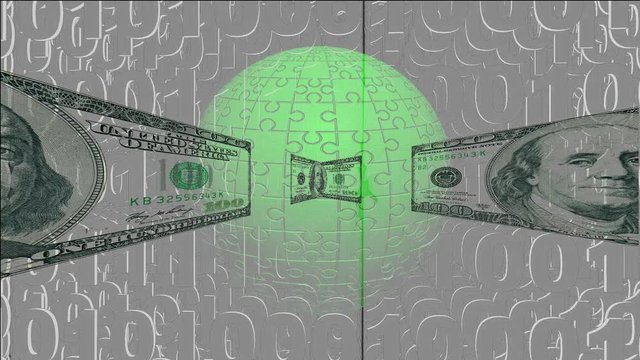 Currency symbols moving around planet Earth. 3d Digital illustration