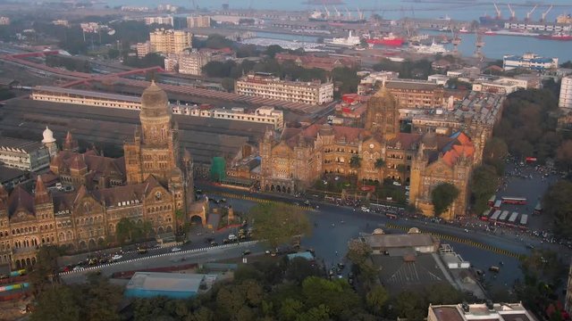 Victoria terminus train station in Mumbai, India, 4k aerial drone footage