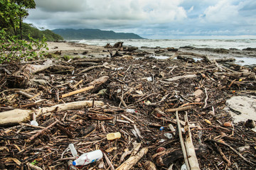 Pollution sur une plage du Costa Rica après de grosse pluies, les déchets qui étaient dans les rivières se retrouvent sur cette plage du pacifique. Santa Teresa, Costa Rica