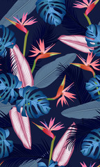 Seamless pattern tropical leaves with bird of paradise on dark blue background