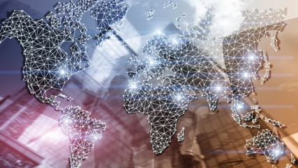 Global World Map Double Exposure Network. Telecommunication, International business Internet and technology concept.