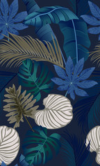 Fototapeta na wymiar Luxury seamless pattern with tropical leaves on dark blue background
