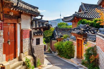 Gorgeous view of old narrow street and traditional Korean houses