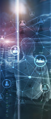 Vertical Panorama Banner. Double exposure people network structure HR - Human resources management and recruitment concept