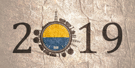 Circle with energy relative silhouettes. Design set of natural gas industry. Objects located around the manometer circle. 2019 year number. Flag of the Ukraine