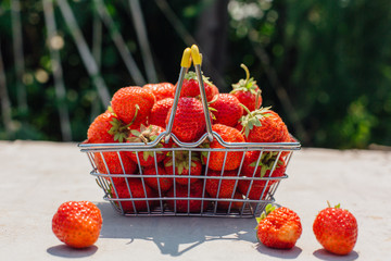 Mini shopping basket full of fresh red ripe strawberry on vintage background