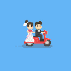 Pixel cute wedding couple character riding a red scooter.8bit.