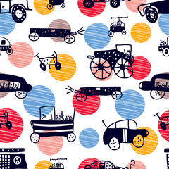 Cute cars. Children's vector seamless pattern. Can be used for wallpaper, textile, invitation card, wrapping, web page background.