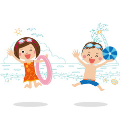 子供が男女2人　水着を着て元気にジャンプ3　海辺