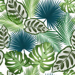 Naadloze patroon met tropische bladeren: palmen, monstera, jungle blad naadloze vector patroon donkere achtergrond. Badmode botanisch ontwerp. Vector. - Vector