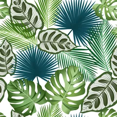 Glasschilderij Tropische bladeren Naadloze patroon met tropische bladeren: palmen, monstera, jungle blad naadloze vector patroon donkere achtergrond. Badmode botanisch ontwerp. Vector. - Vector