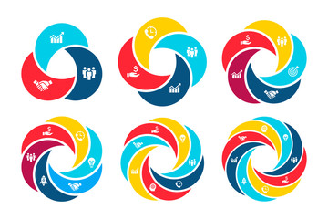 Business data visualization. Abstract flat elements of cycle diagram with 3, 4, 5, 6, 7 and 8 steps, options, parts or processes.