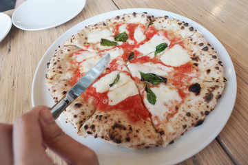 Homemade cheese pizza Baked with charcoal, an excellent appetizer for tourists visiting the cheese factory at furano hokkaido