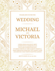 Traditional wedding invite card template vector. Vintage floral pattern with golden luxury background. Elegant save the date design or bridal shower party invitation.