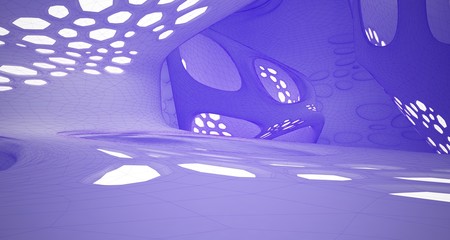 Abstract violet drawing interior multilevel public space with window. 3D illustration and rendering.