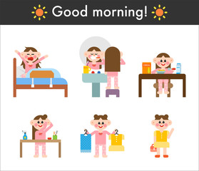 Cute Girl's Morning Routine. flat design style minimal vector illustration