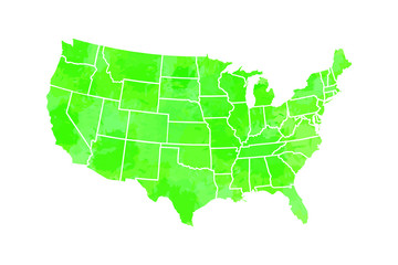 Watercolor USA map vector in green painting color with borders of the states on white background illustration