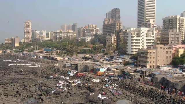 Tin Bati, Mumbai, reach and poor. 4k aerial skyline