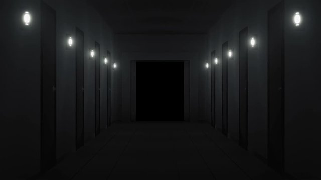 Dark corridor with elevator opening in the end. 3d rendered animation of abstract dark corridor with mask included.
