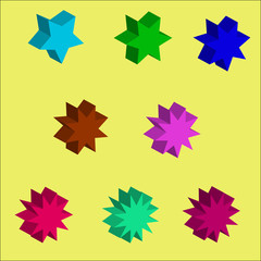 set of colorful stars, volumetric icons of colored stars