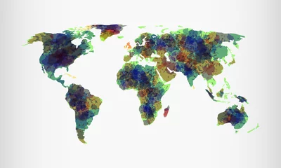 Farbige Aquarell-Weltkarten-Vektorillustration mit verschiedenen Kontinenten der Welt im hellen Hintergrund © Ataur