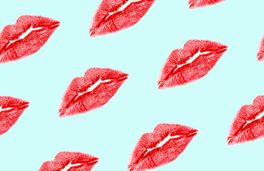 Pattern made of red lips on blue background. Concept of kiss, love and passion. Trendy and minimal.