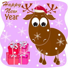 Naklejka premium Cute deer cartoon vector illustration. happy new year greeting card with deer. merry christmas greeting card with cartoon deer. moose cartoon vector illustration.