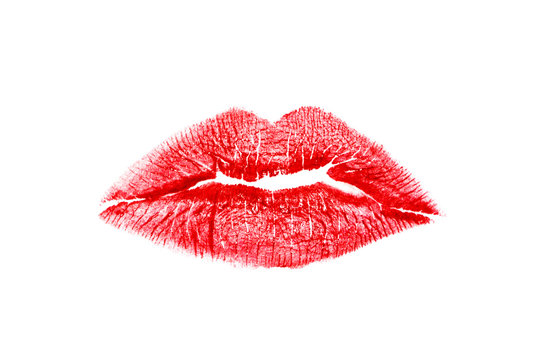 Print of beautiful sexy lips make-up with red lipstick isolated on white. Concept of kiss, love and passion.