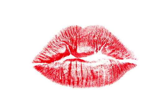 Print of beautiful sexy lips make-up with red lipstick isolated on white. Concept of kiss, love and passion.