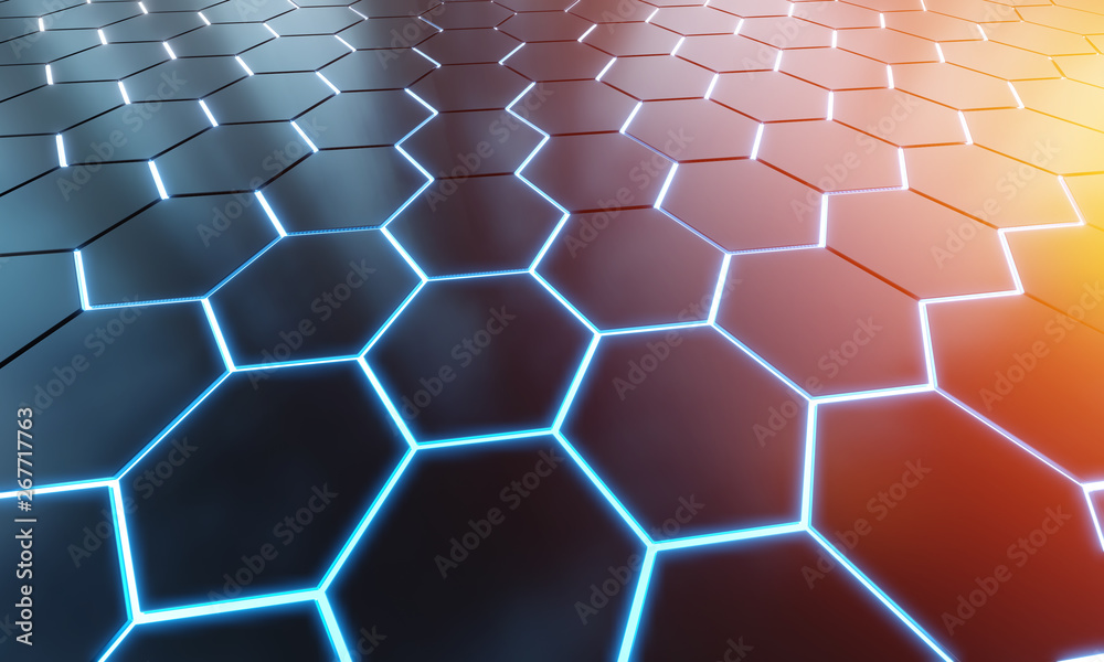 Poster glowing black blue and orange hexagons background pattern on silver metal surface 3d rendering